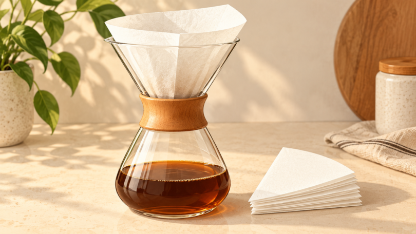 AI-generated editorial illustration of a paper filter in a glass hourglass pour-over brewer beside unused filters.