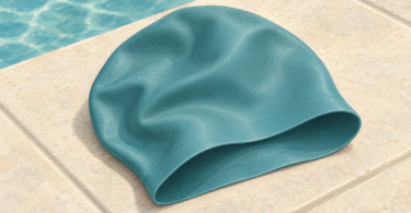 Illustration of a roomy unbranded silicone swimming cap on a clean poolside surface.