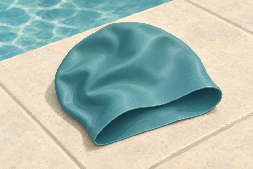Illustration of a roomy unbranded silicone swimming cap on a clean poolside surface.
