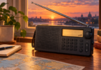 AI-generated illustration of a generic digital shortwave receiver with a telescopic antenna on a desk.