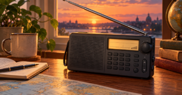 AI-generated illustration of a generic digital shortwave receiver with a telescopic antenna on a desk.