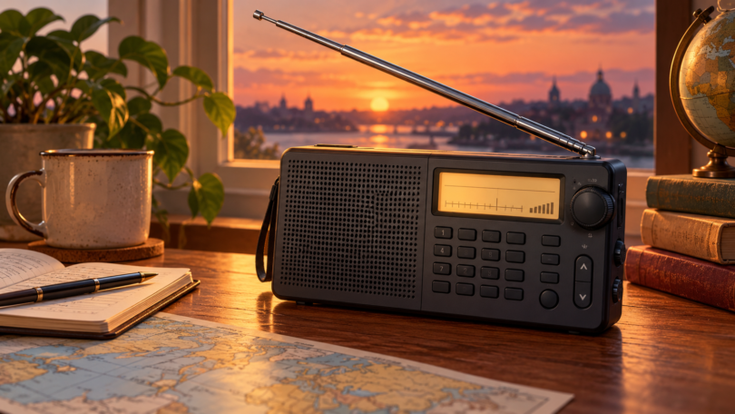 AI-generated illustration of a generic digital shortwave receiver with a telescopic antenna on a desk.