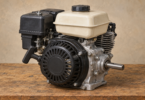 Illustration of a detached generic small gasoline engine with recoil starter and horizontal output shaft.