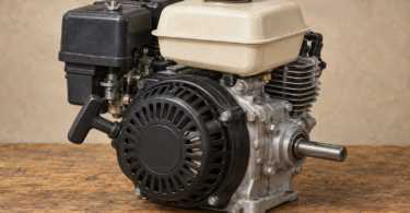 Illustration of a detached generic small gasoline engine with recoil starter and horizontal output shaft.