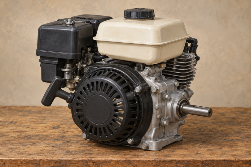 Illustration of a detached generic small gasoline engine with recoil starter and horizontal output shaft.