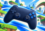 AI-generated editorial illustration of a game controller with blue speed trails and abstract green platforms.