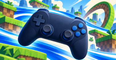 AI-generated editorial illustration of a game controller with blue speed trails and abstract green platforms.