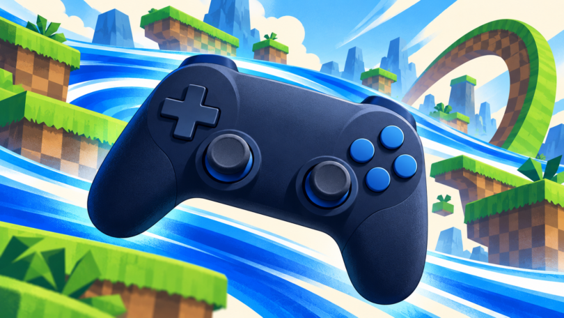 AI-generated editorial illustration of a game controller with blue speed trails and abstract green platforms.