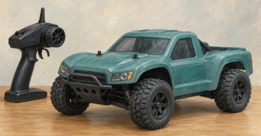 Illustration of a stationary generic short-course radio-controlled truck and its separate controller.
