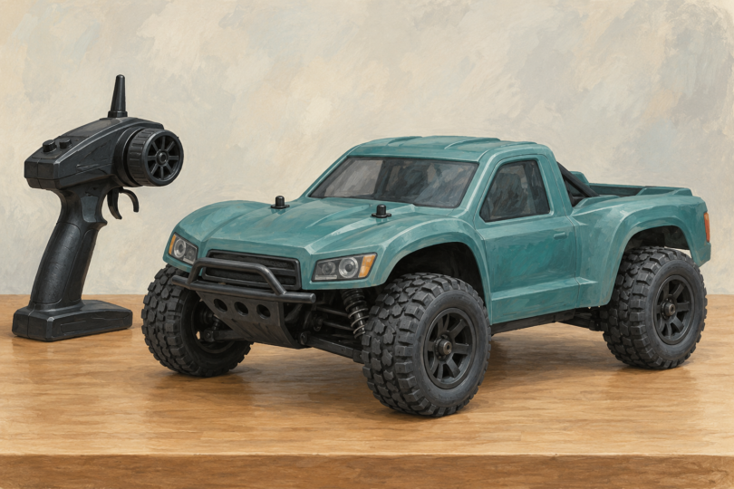 Illustration of a stationary generic short-course radio-controlled truck and its separate controller.