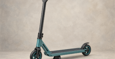 Illustration of a stationary unbranded stunt scooter with fixed handlebars and two small wheels.
