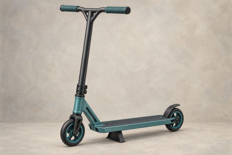Illustration of a stationary unbranded stunt scooter with fixed handlebars and two small wheels.