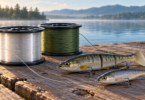 AI-generated illustration of clear and green fishing line spools with swimbait lures on a lakeside dock.