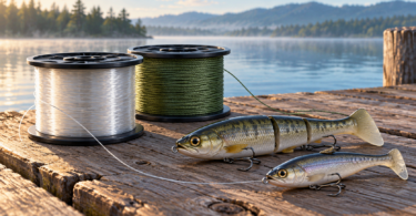 AI-generated illustration of clear and green fishing line spools with swimbait lures on a lakeside dock.