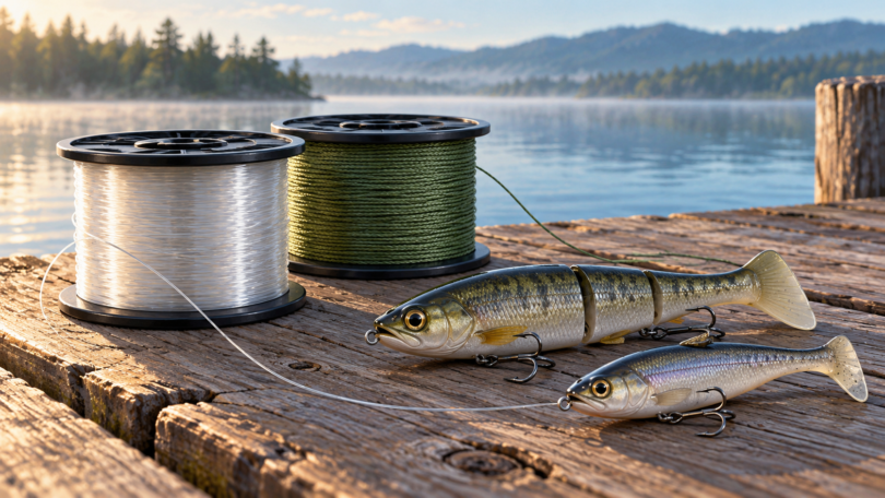 AI-generated illustration of clear and green fishing line spools with swimbait lures on a lakeside dock.
