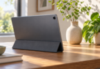 Illustration of an unbranded tablet with a visible rear camera lens on a desk beside houseplants.