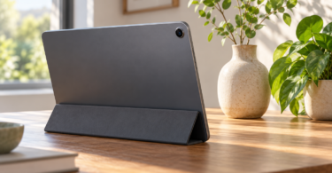 Illustration of an unbranded tablet with a visible rear camera lens on a desk beside houseplants.