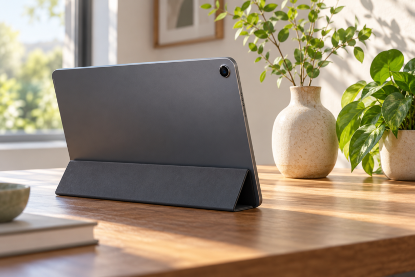 Illustration of an unbranded tablet with a visible rear camera lens on a desk beside houseplants.
