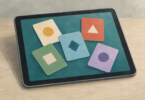 Illustration of a generic tablet displaying abstract colored playing-card shapes.