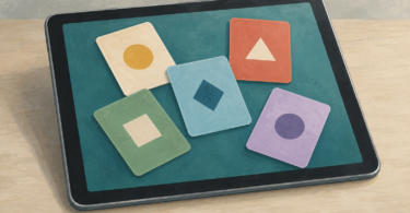 Illustration of a generic tablet displaying abstract colored playing-card shapes.