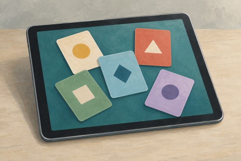Illustration of a generic tablet displaying abstract colored playing-card shapes.