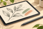 AI-generated editorial illustration of a drawing stylus beside a tablet displaying a botanical sketch.