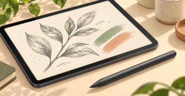 AI-generated editorial illustration of a drawing stylus beside a tablet displaying a botanical sketch.