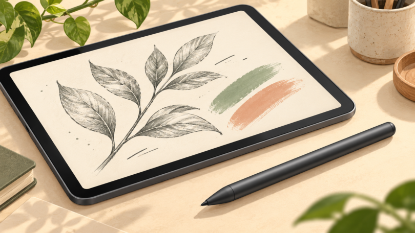 AI-generated editorial illustration of a drawing stylus beside a tablet displaying a botanical sketch.