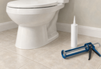 Illustration of a toilet base on tile with a separate unbranded caulk cartridge and caulking gun.