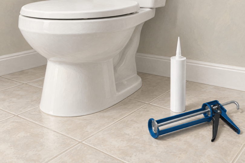 Illustration of a toilet base on tile with a separate unbranded caulk cartridge and caulking gun.