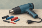 Illustration of an unplugged heat gun beside several unused heat-shrink tubing pieces.