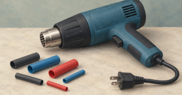 Illustration of an unplugged heat gun beside several unused heat-shrink tubing pieces.