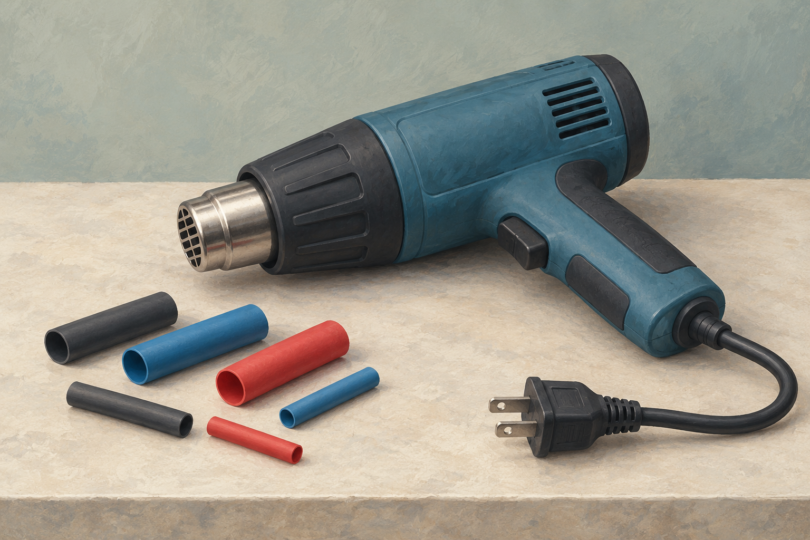 Illustration of an unplugged heat gun beside several unused heat-shrink tubing pieces.
