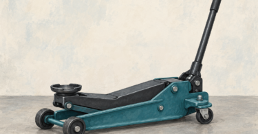 Illustration of an unloaded generic hydraulic floor jack on a flat surface.