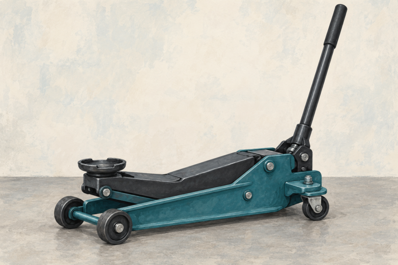 Illustration of an unloaded generic hydraulic floor jack on a flat surface.