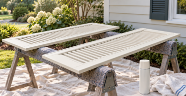 AI-generated illustration of light ivory louvered vinyl shutters on padded sawhorses beside a plain aerosol paint can.