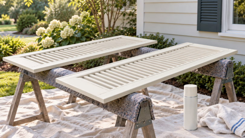 AI-generated illustration of light ivory louvered vinyl shutters on padded sawhorses beside a plain aerosol paint can.