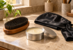 AI-generated illustration of a wooden wave brush, an open pomade tin and a black satin durag.