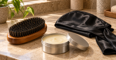 AI-generated illustration of a wooden wave brush, an open pomade tin and a black satin durag.