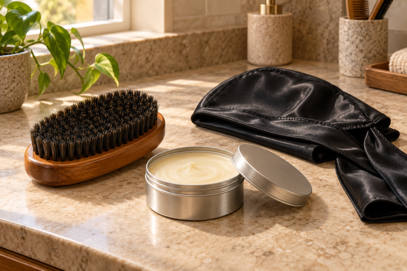 AI-generated illustration of a wooden wave brush, an open pomade tin and a black satin durag.