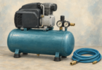 Illustration of a generic stationary air compressor with a tank, motor and disconnected hose.