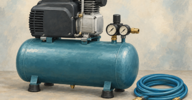 Illustration of a generic stationary air compressor with a tank, motor and disconnected hose.