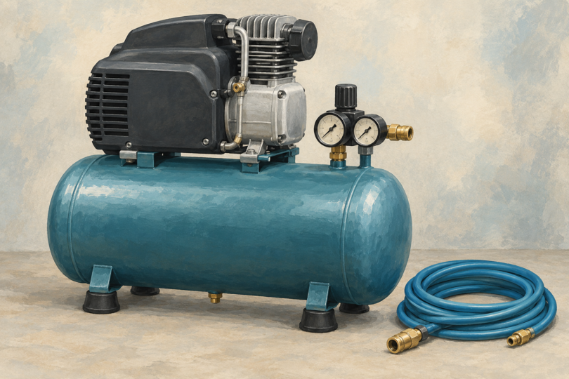 Illustration of a generic stationary air compressor with a tank, motor and disconnected hose.