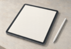 Illustration of a generic tablet with a blank notebook-style screen and a stylus on the desk.