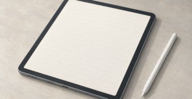 Illustration of a generic tablet with a blank notebook-style screen and a stylus on the desk.