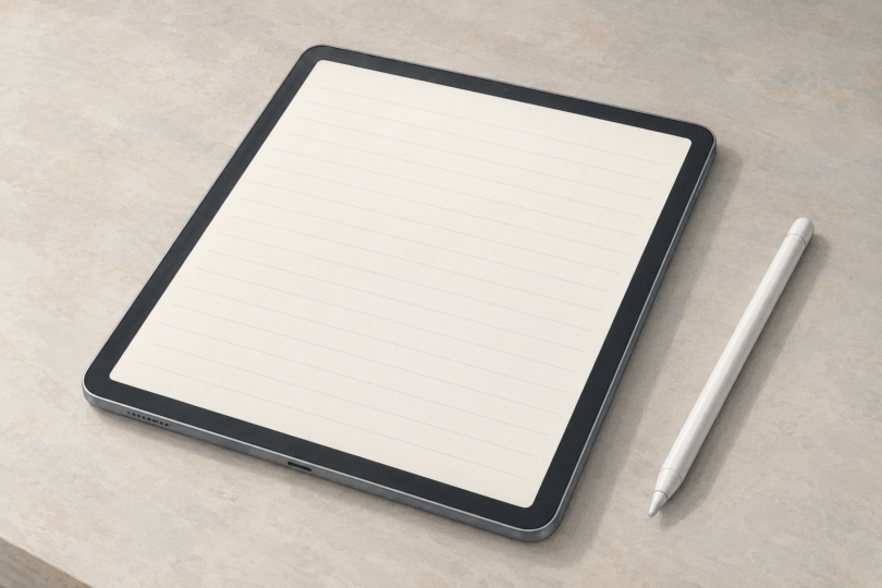Illustration of a generic tablet with a blank notebook-style screen and a stylus on the desk.