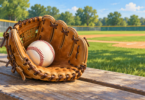 AI-generated illustration of a small tan baseball glove holding a baseball on a field bench.