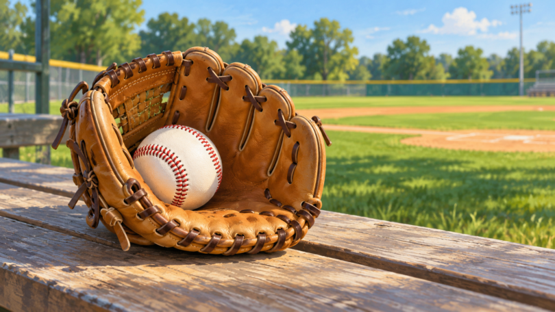 AI-generated illustration of a small tan baseball glove holding a baseball on a field bench.