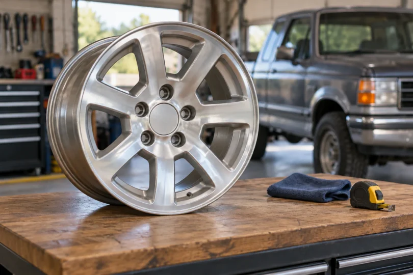 A silver five-lug alloy wheel on a workshop bench beside a cloth and tape measure, with a pickup in the background