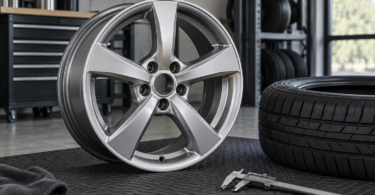 Unbranded silver alloy wheel, tire and measuring caliper in a workshop
